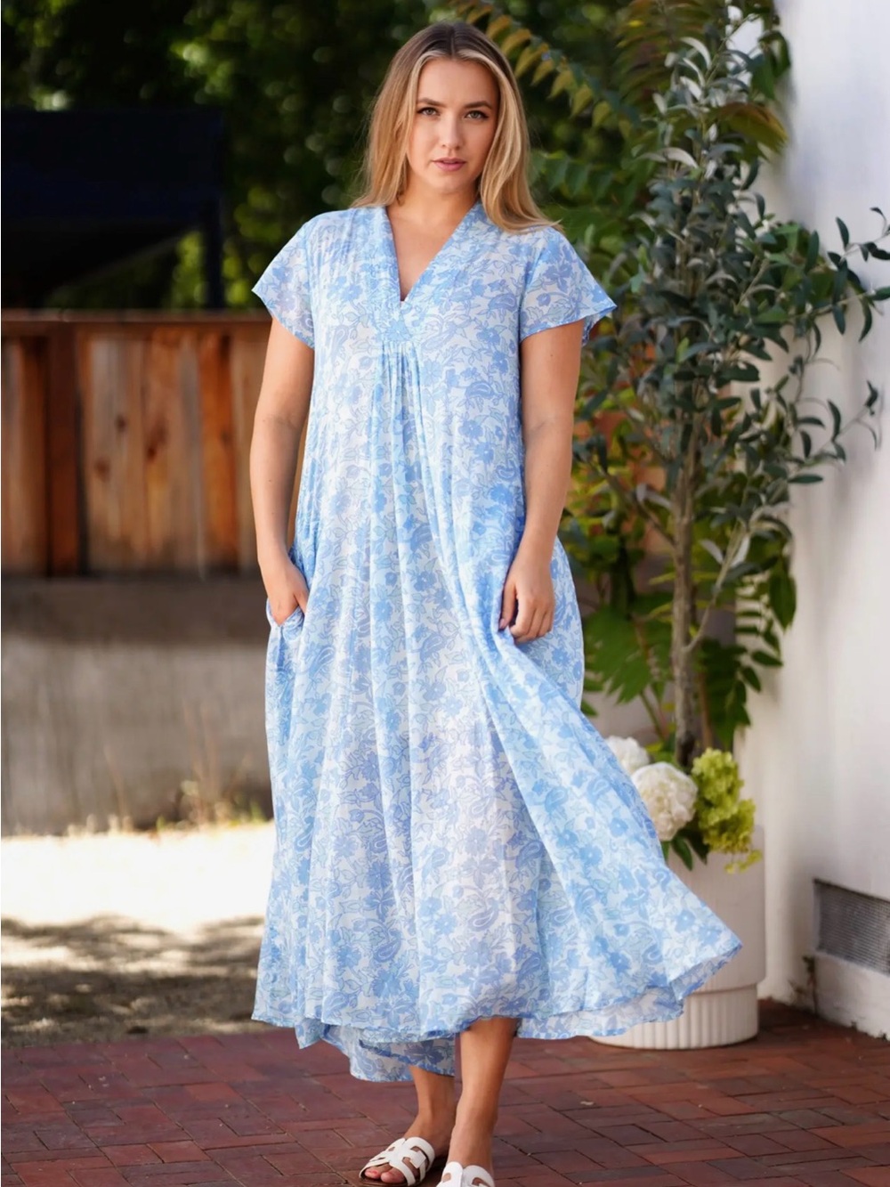 Dolma Amaryllis blue block  Print maxi cotton dress NWT